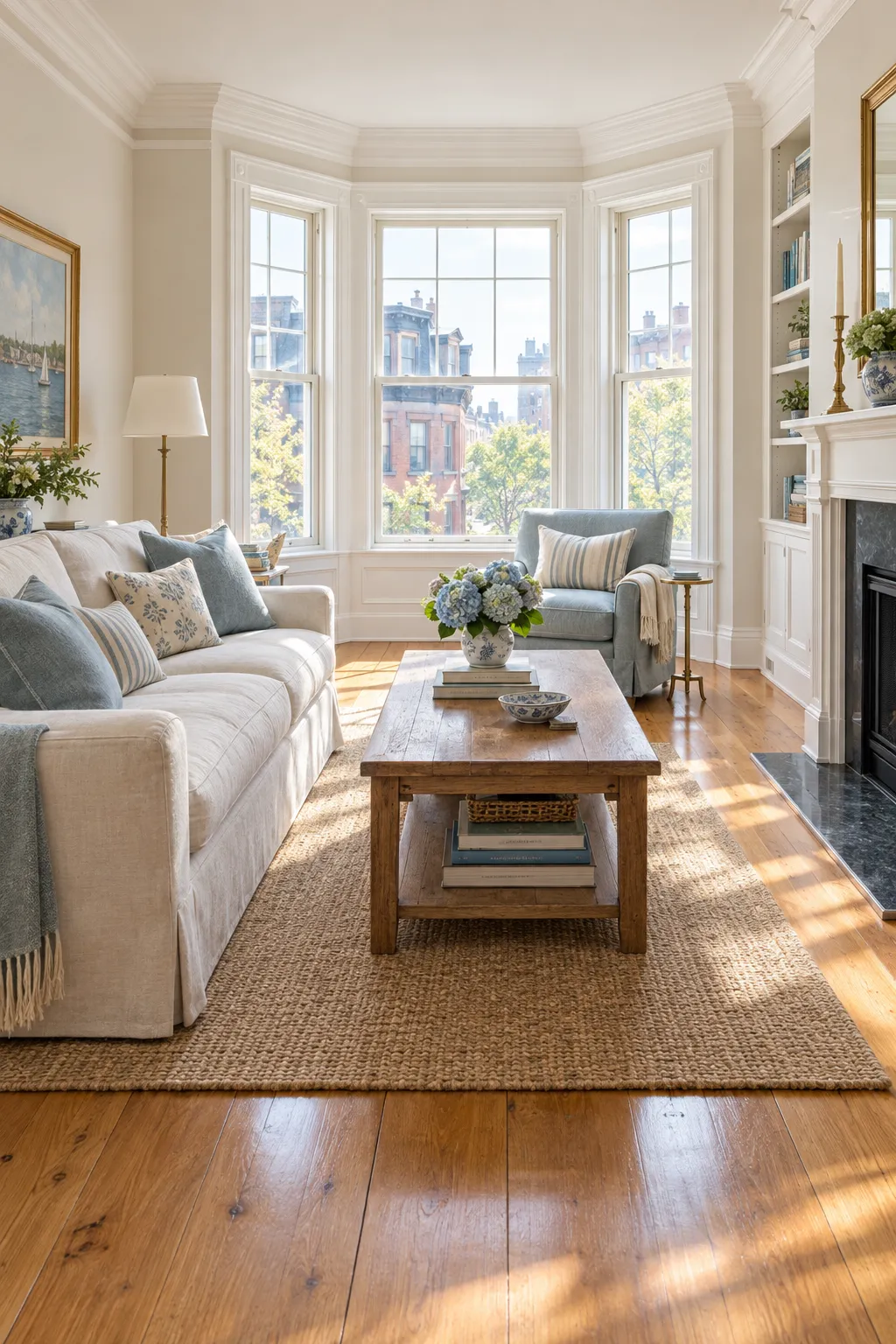 A bright, freshly cleaned living room with hardwood floors, a linen sofa and a bay window